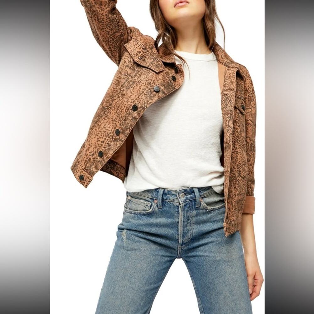 Free People Brown Snake Print Button Front Denim Trucker Jacket Size M